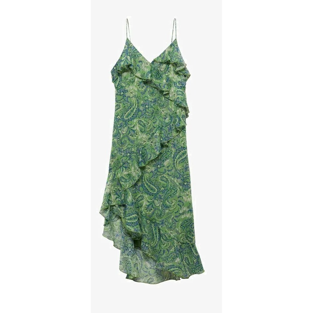Mango MNG Teen Girl's Ruffle Paisley Cashmere Print Asymetrical Dress - Green XL